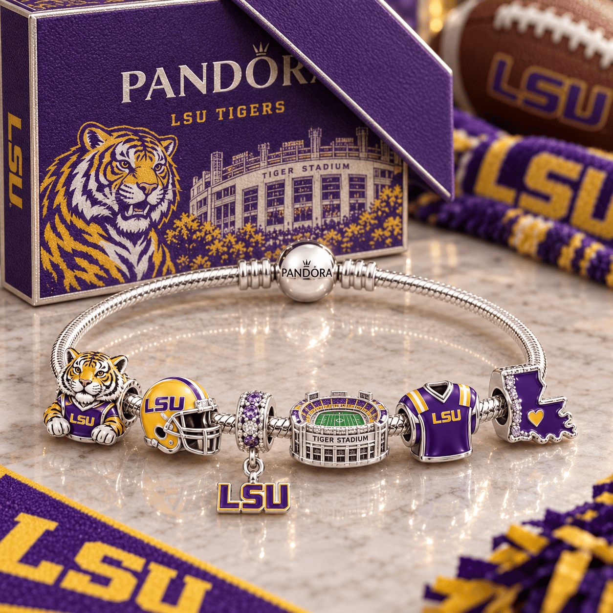 LSU Silver Charm Bracelet Set PTKL